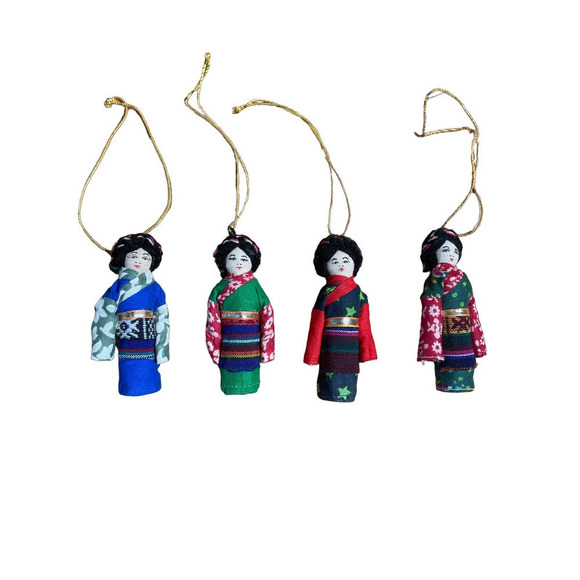 Set of 4 Beautiful handmade cloth Asian dolls. ornaments. Christmas ornaments. - Picture 1 of 6
